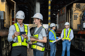 Engineer train Inspect the train's diesel engine, railway track in depot of train