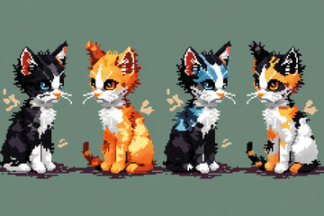 these pixel cats appear in a row in a blue sky