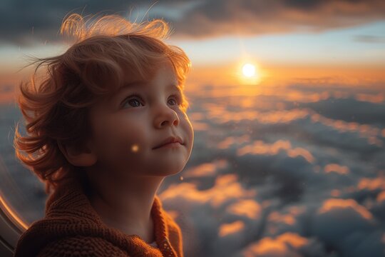 Little boy looks out of airplane window at sunset