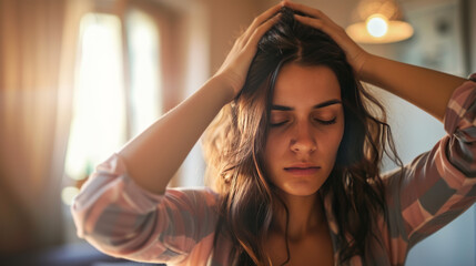 Fototapeta premium Young Woman with Hands on Temples Feeling Stressed or in Pain