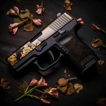 sig sauer placed on a table with pink died rose