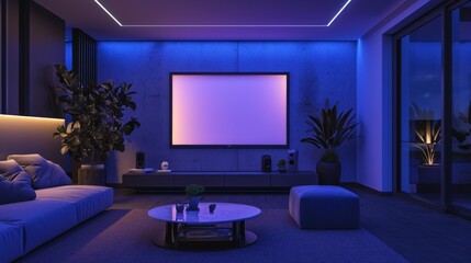 Interior of a modern living room with a blue sofa, a coffee table and a TV on the wall