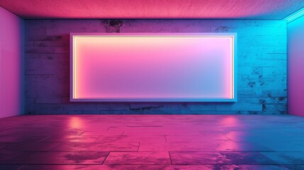 Purple neon interior with empty billboard. Mock up