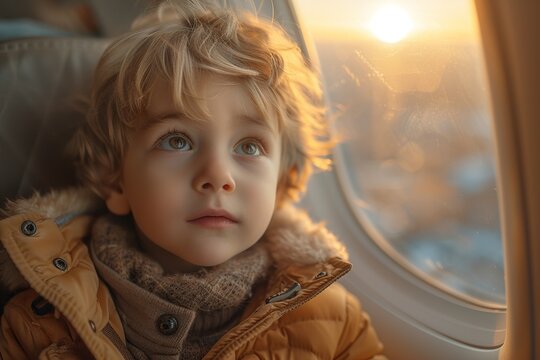 Little boy looks out of airplane window at sunset - Powered by Adobe