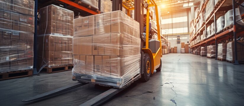 Industrial forklift transporting cardboard boxes in a large warehouse facility