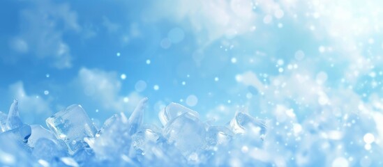Obraz premium Icy Elegance. Water Ice Cube Pattern Background with Blurred Blue Sky and Clouds, Perfect as a Winter Wallpaper or Summer Banner Backdrop.