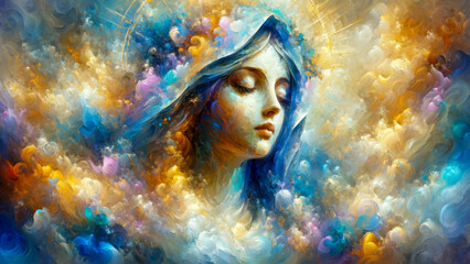 Heavenly Veil: Virgin Mary in the Embrace of Celestial Clouds