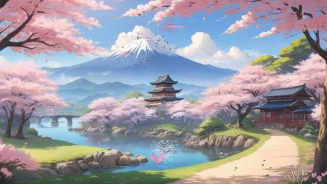 japanese landscape with lake and trees. Cartoon or anime watercolor painting illustration style. seamless looping virtual video animation background.