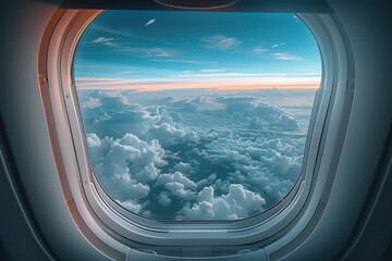 Look through the airplane window as it flies with the beautiful blue sky.