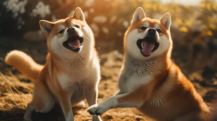 Shiba inu dogs are playing in the park. AI Generative.