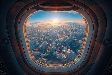 Look through the airplane window as it flies with the beautiful blue sky.