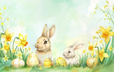 Watercolor Easter Delight: Rabbits, Daffodils, and Easter Eggs Festive Background with Copy Space