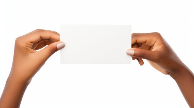 Young child hand holding some like a blank card isolated on a white background