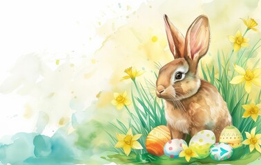 Watercolor: Bunny Surrounded by Easter Eggs and Spring Flowers, Perfect for Easter Celebrations with Copy Space