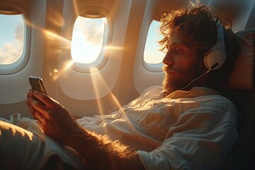 Man watching video on mobile phone While sitting on a plane near the window with sunlight streaming in during a business trip. Young hipster man listening to music in headphones on mobile phone - obrazy, fototapety, plakaty