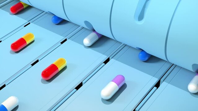 Loopable animation of factory production line producing Medicine pills