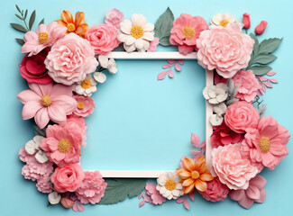 a white frame with pink flowers on a blue background with leaves and flowers around it, with a place for a text,  generative ai
