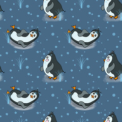 Funny penguins. Seamless pattern with funny penguins. Little chubby fat character penguins. Design for gift, textile, winter holidays, wrapping paper