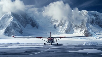 Small plane landed at the airport in winter