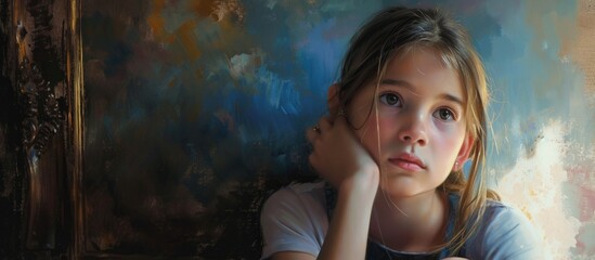Obraz na płótnie Canvas A young girl immersed in admiration while sitting in front of a mesmerizing painting