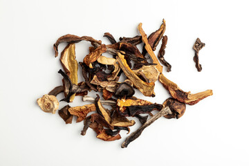 Dried Wild Mushrooms on a White Background