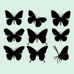 Butterfly black silhouette set. Different types of flying butterfly icons and vector illustration