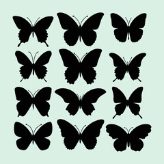 Butterfly black silhouette set. Different types of flying butterfly icons and vector illustration