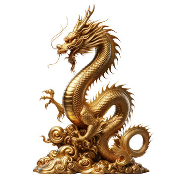 Golden dragon in a vertical pose,Zodiac 3D illustration, isolated on a transparent background.