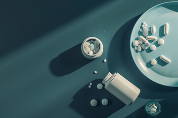 white paper medicine with pills and bottles on dark b