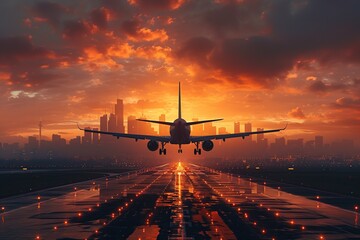 Passenger plane lands on the airport runway amid a beautiful sunset. Modern city silhouette on the background