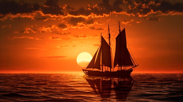 The silhouette of a sailing ship on the horizon at sea against the background of the red setting sun and the sky with clouds.