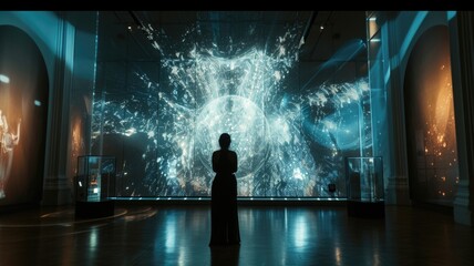 Visitor admiring vibrant digital art projection in a modern gallery setting. - obrazy, fototapety, plakaty
