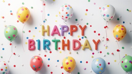 HAPPY BIRTHDAY in colorful letters with colorful illustrated Balloons on a white background