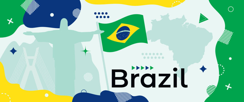 Federative Republic of Brazil holiday banner with Brazilian national flag, country map and Rio de Janeiro and Sao Paulo landmark silhouettes. Modern retro design with minimalist geometric shapes