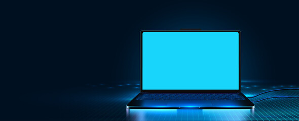 Laptop mockup with blank screen in dark blurred room with neon lights adiant blue grid lines, exuding a futuristic and technological aura.