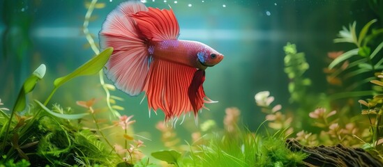 Underwater Serenity. A Beautiful Betta Fish Amidst Clear Water, Surrounded by Various Aquatic Plants, Creating a Tranquil Aquascape.