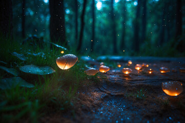 Night forest fireflies glow in the raindrops