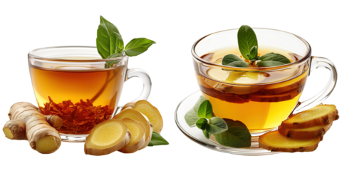 Cup of tea with ginger and mint isolated on transparent background