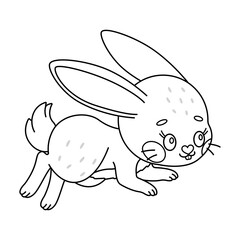 Cartoon easter Bunny. Cute rabbit. Kawaii bunny jumping. Coloring page for kids and adults. Line art black and white Vector illustration.