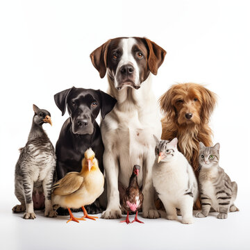 A picture featuring a collection of adorable puppies and dogs, including various breeds such as Chihuahuas, sitting together on a white background, showcasing their cute and friendly nature