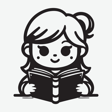 Young girl reading book. Modern vector illustration. Open book studying for exam. Love to read silhouette 