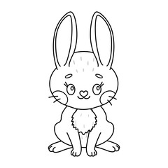 Cute rabbit. Cartoon easter Bunny. Kawaii bunny sitting. Coloring page for kids and adults. Line art Vector illustration.