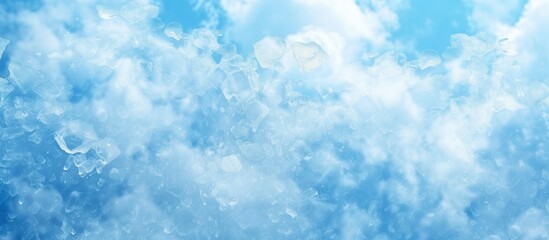 Icy Elegance. Water Ice Cube Pattern Background with Blurred Blue Sky and Clouds, Perfect as a Winter Wallpaper or Summer Banner Backdrop.