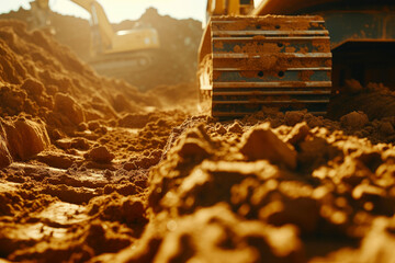 Heavy Equipment Digging Earth on Construction Site - obrazy, fototapety, plakaty