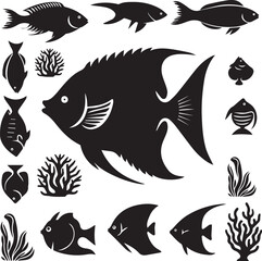a set of fish silhouette with white background. fish, sea, vector, animal, water