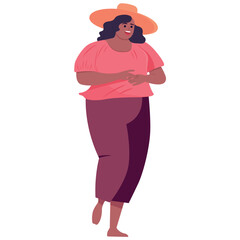 Body positive woman of colorful set. In this artwork, a beautiful woman is portrayed in a vibrant and lively cartoon design, showcasing a colorful style. Vector illustration.