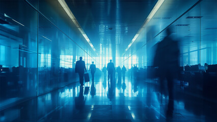 Businesspeople in a financial office building, blurred, going to work, blue mood