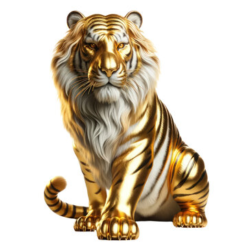 Golden Tiger, sit ,3D illustration, isolated on a transparent background.