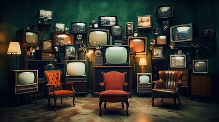 imagine vintage televisions designed in the 1920s end 1930s, sitting in a room full of them - obrazy, fototapety, plakaty