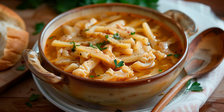 Traditional, Polish, flaki soup, beef tripe, tender, ribbons, golden, broth, spiced, marjoram, black pepper, aromatic, hearty, rustic, garnished, fresh parsley, warm, comforting, authentic